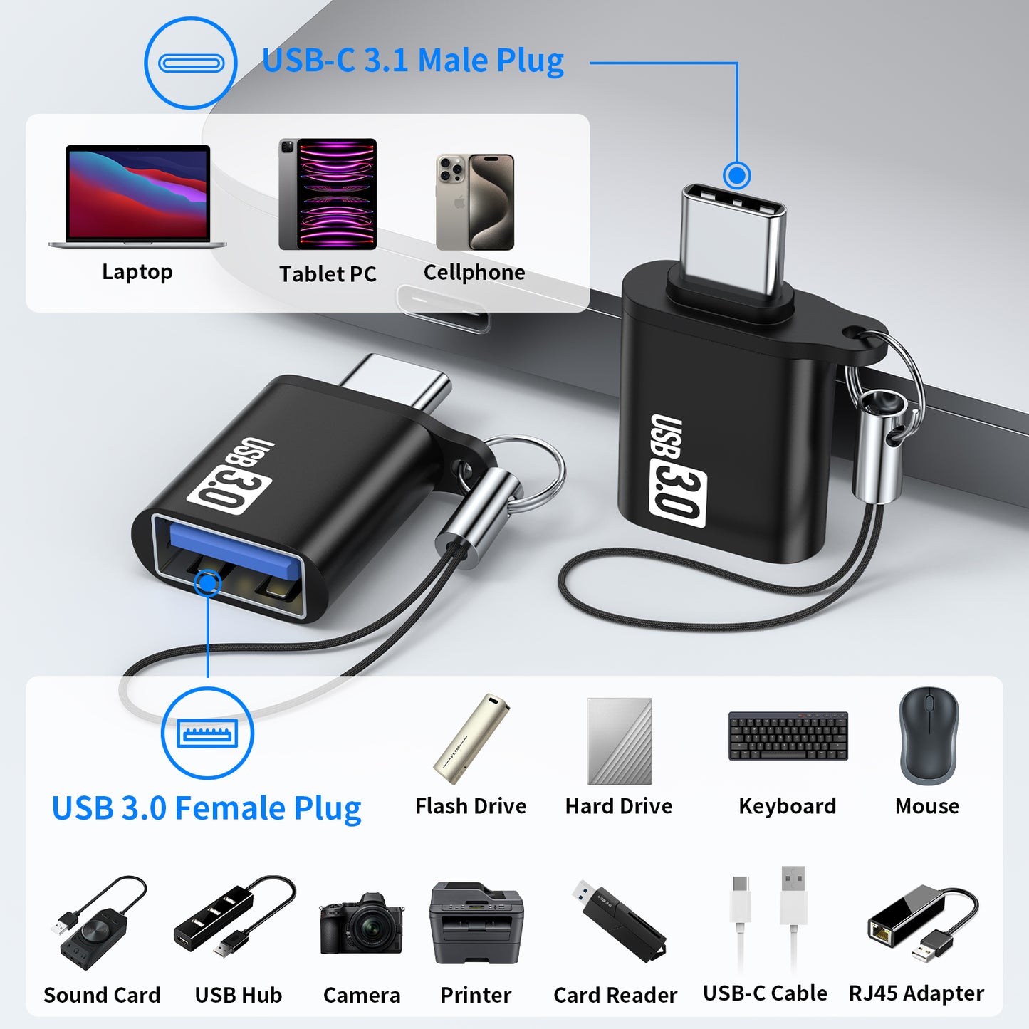 Lightning to USB C Adapter (USB-A to USB-C Male Adapter, Lanyards)