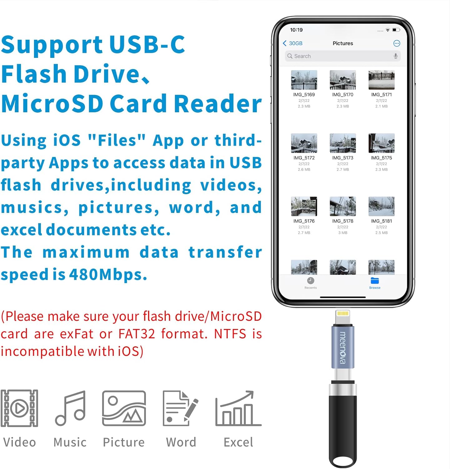 Meenova USB C to Lightning OTG Adapter for USB-C DAC, Big Current up to 400mA/5V, iPhone OTG Adaptor, Compatible with iPhone iPad iPod with Anti-Lost Holder, iPhone 14 13 12 11 Pro Max, Xs Max, Xr, Plus