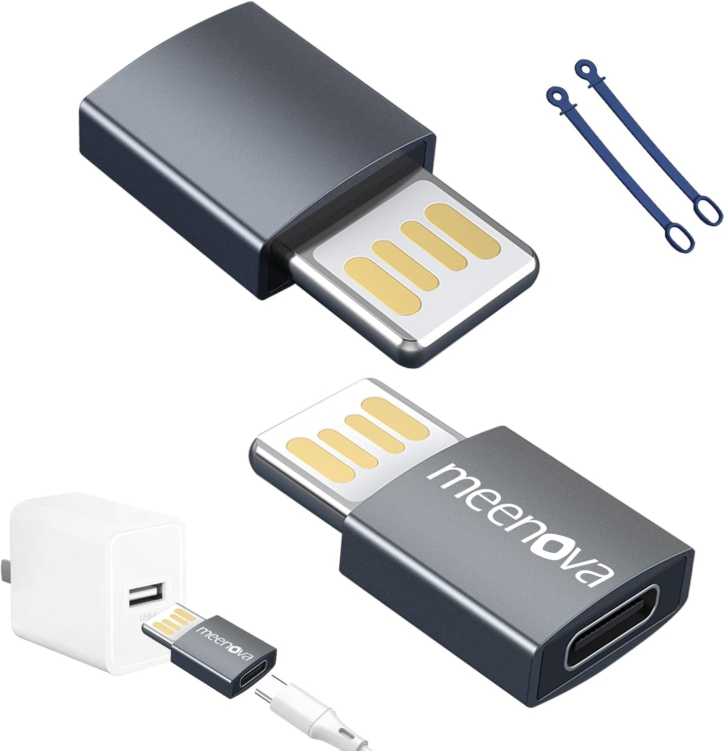 USB-C to USB A Reversible Adapter, Type C Female to USB-a Male Charger Cable Converter, for iPhone iPad Pro Air,Samsung,Power Bank(2 Pack &2 Lanyards)