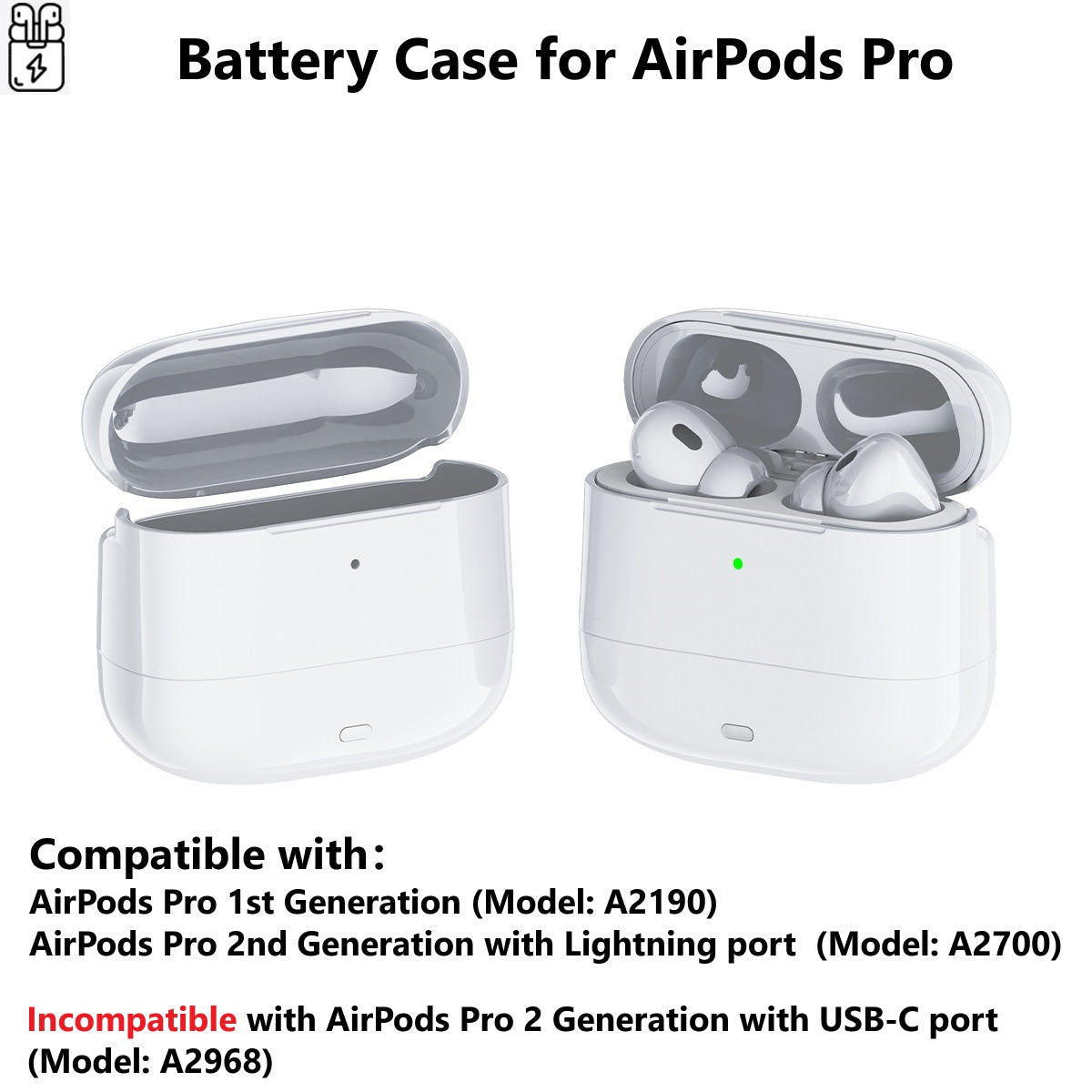 Battery Case For AirPods Pro 1st and 2nd Generation with Lightning Port, A2190, A2700, 700 mAh Charging Case, Power Bank Case, AirPods Charger USB C, Rechargeable Protective Extended, Portable Cover