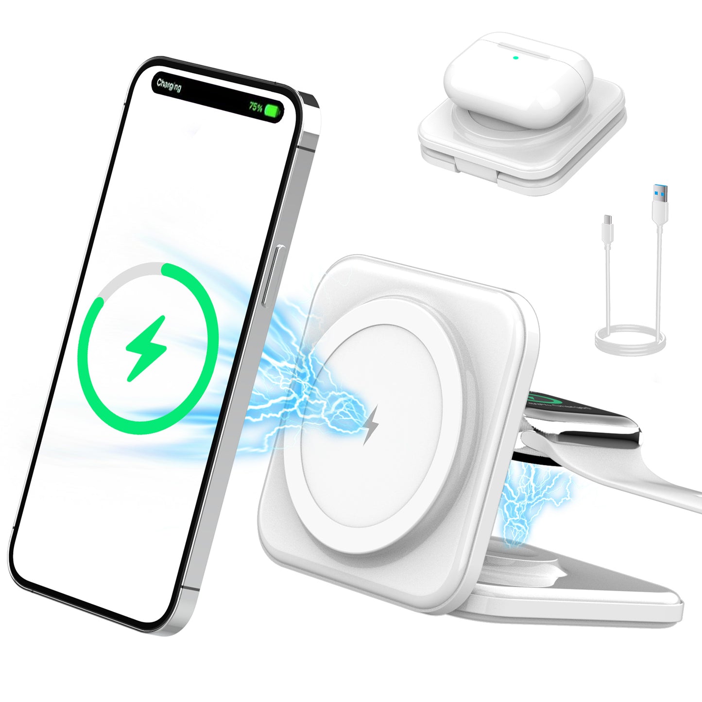 Travel Charger for MagSafe Charger Stand, iPhone and Apple Watch, AirPods, 15W Wireless Charging Pad