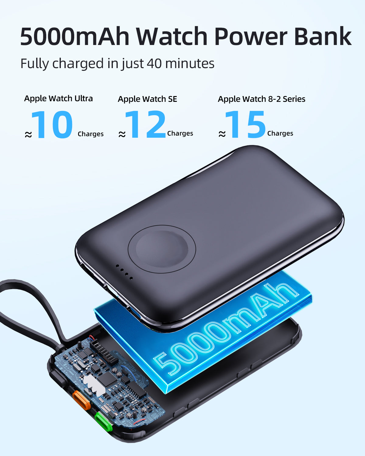 Meenova 2-in-1 Portable Watch Charger For Apple Watch, Samsung Galaxy Watch Power Bank 5000mAh, Mobile Phone External Battery Mini Auxiliary Battery Powerbank