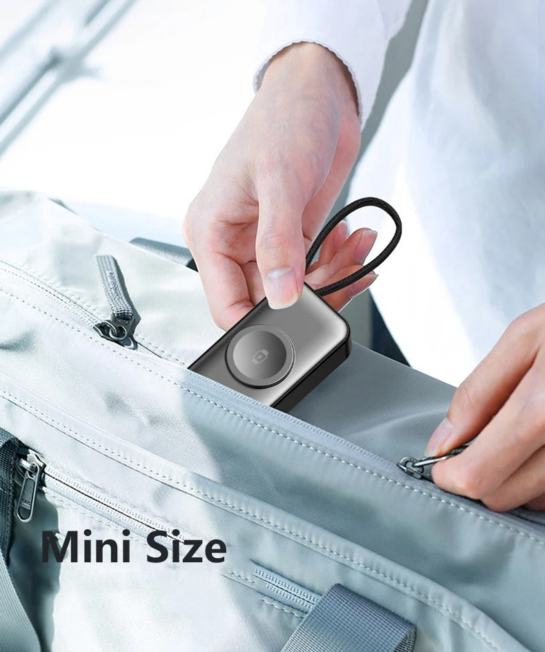 Meenova 5000mAh Mini Power Bank PD20W Fast Charger, 3-in-1 Magnetic Wireless Charger with Type-C Plug & Built-in C/Lightning Cable, Portable Charging Station with LED Light & Phone Holder