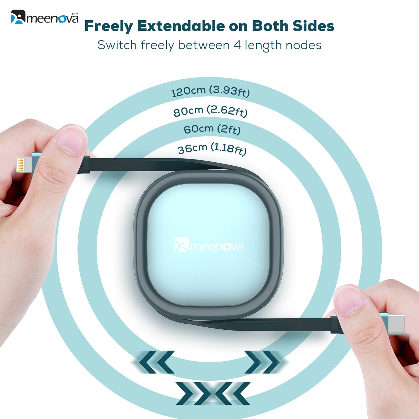 Retractable 27W USB-C to Lightning PD Fast Charging Cable, 4-Stage Length