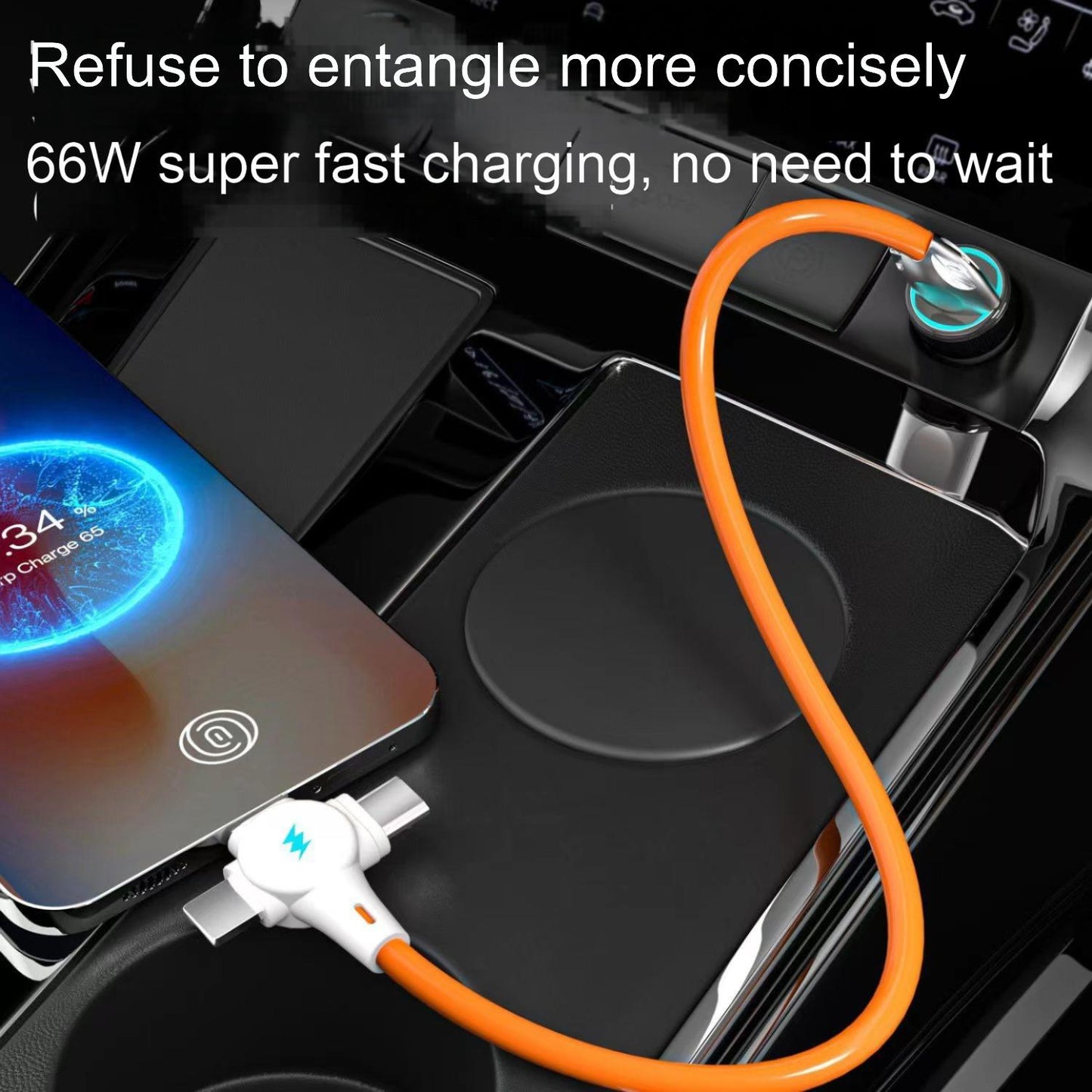 Meenova 66W Super Fast Charging 3-in-1 Short Cable for iPhone 14/Huawei/Android Car Use, 0.25m/0.5m Silicone Durable Orange
