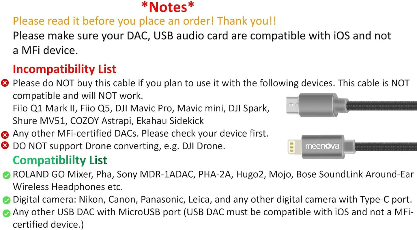 Lightning to MicroUSB DAC OTG Cable for iPhone/iPad/iPod MDR-1ADAC, ROLAND GO Mixer, Sony Canon Panasonic Nikon Digital Camera,Transfer Photos,Chord Mojo Hugo2 Pha3 Oppo HA2 K5, 30cm 1ft