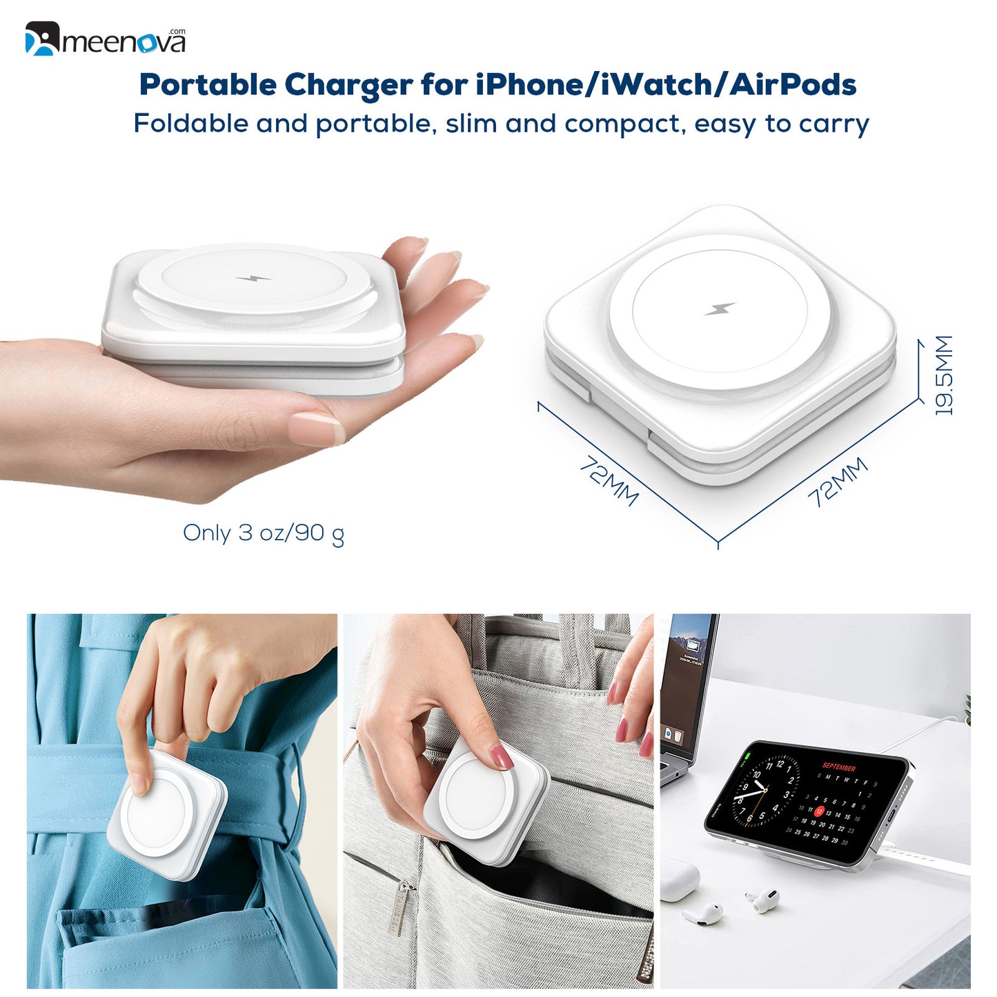 Travel Charger for MagSafe Charger Stand, iPhone and Apple Watch, AirPods, 15W Wireless Charging Pad