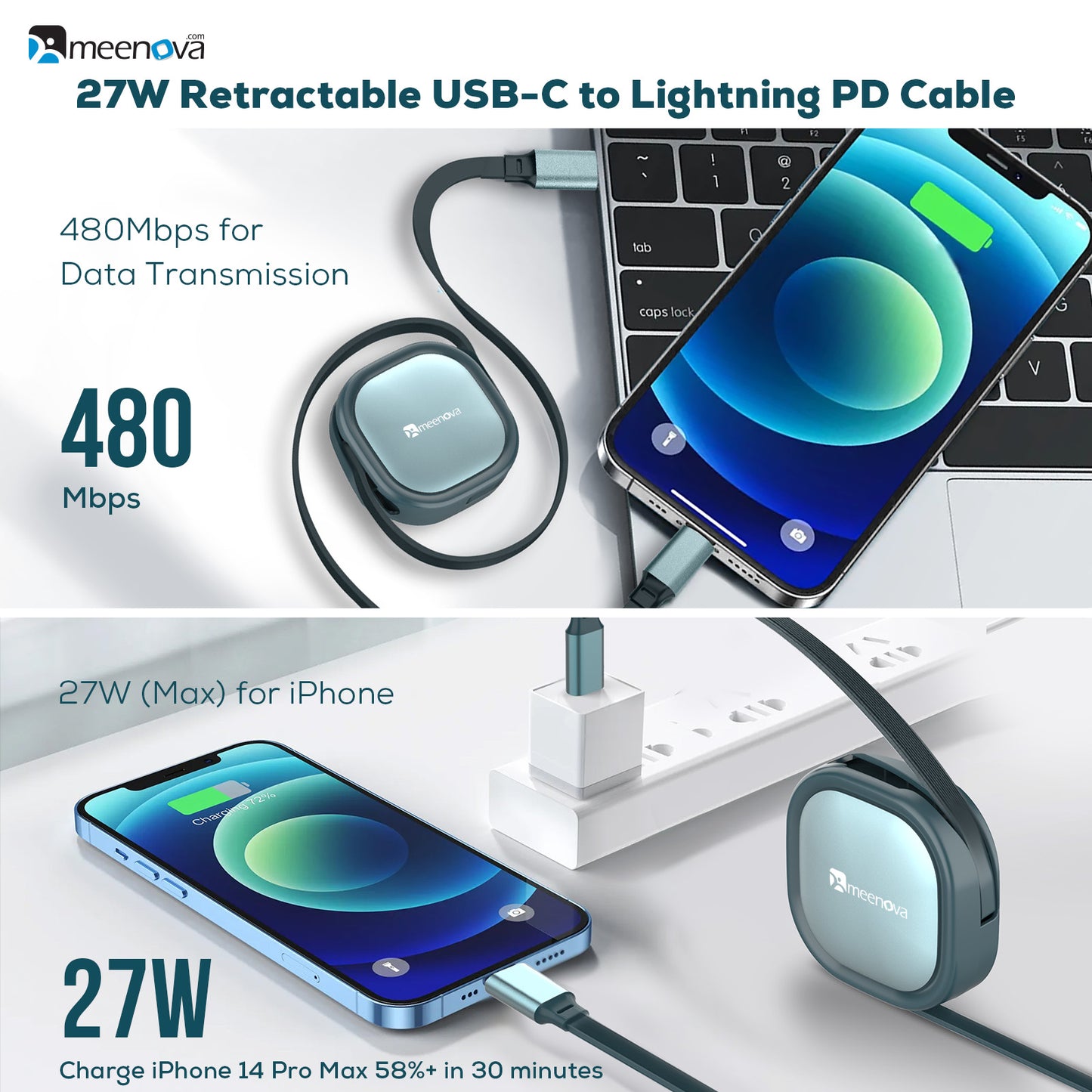 Retractable 27W USB-C to Lightning PD Fast Charging Cable, 4-Stage Length