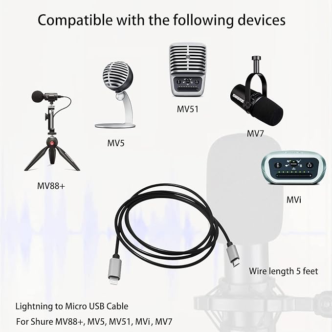 Lightning to MicroUSB OTG Cable Compatible with Shure MV5, MV51, MV88+ and Mvi (AMV-LTG15), MOTIV products, 1.5m 5feet