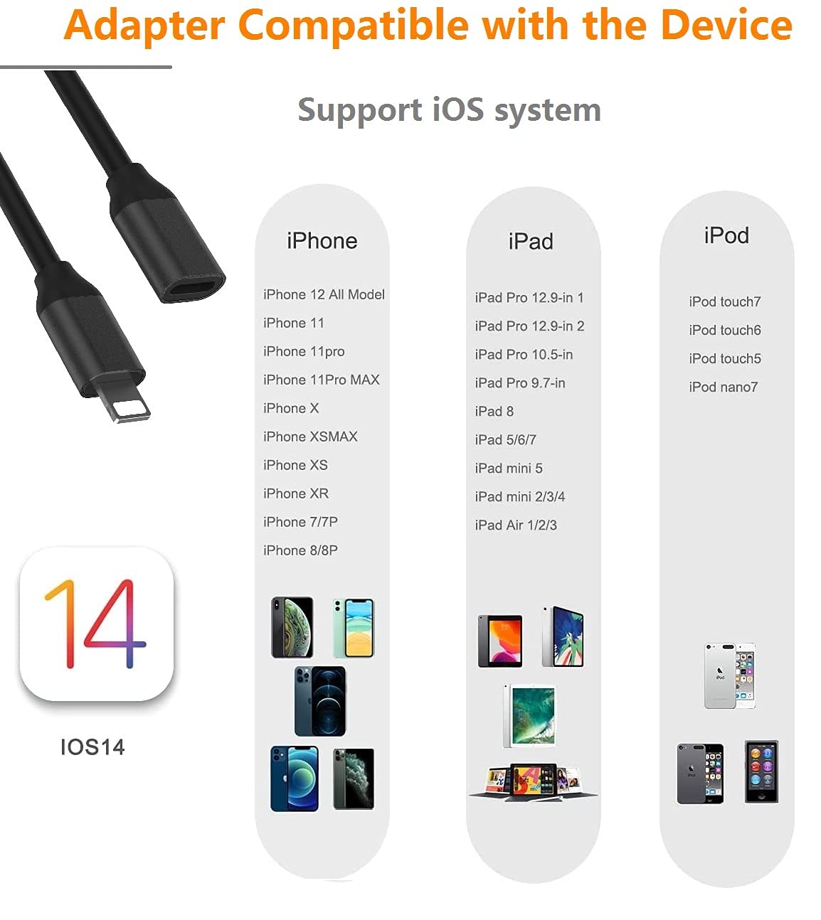 Lightning Male to Female Extension 1 foot Short, 30cm 50cm 0.5ft for Microphone, Apple Pen, AirPods Case, PALOVUE iMic Portable