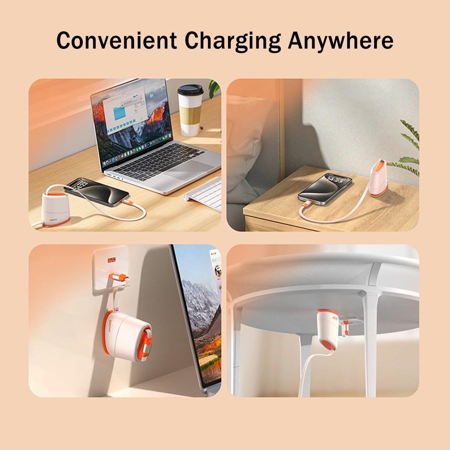 USB C to iPhone Ports 120W Fast Charging Cord Telescopic Data Transfer Charging Adapter on Table/Desktop/Office with Adhesive for iPhone/Airpod 4Ft/1.2m, Orange C-L 30W 2.5a