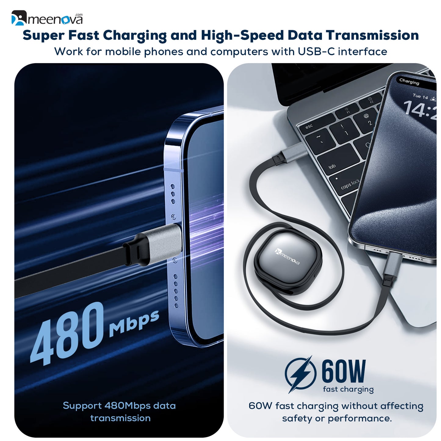 iPhone 15 Cable Retractable USB C Cable, 60W USB C to USB-C PD Fast Charging Cord 4-Stage Length