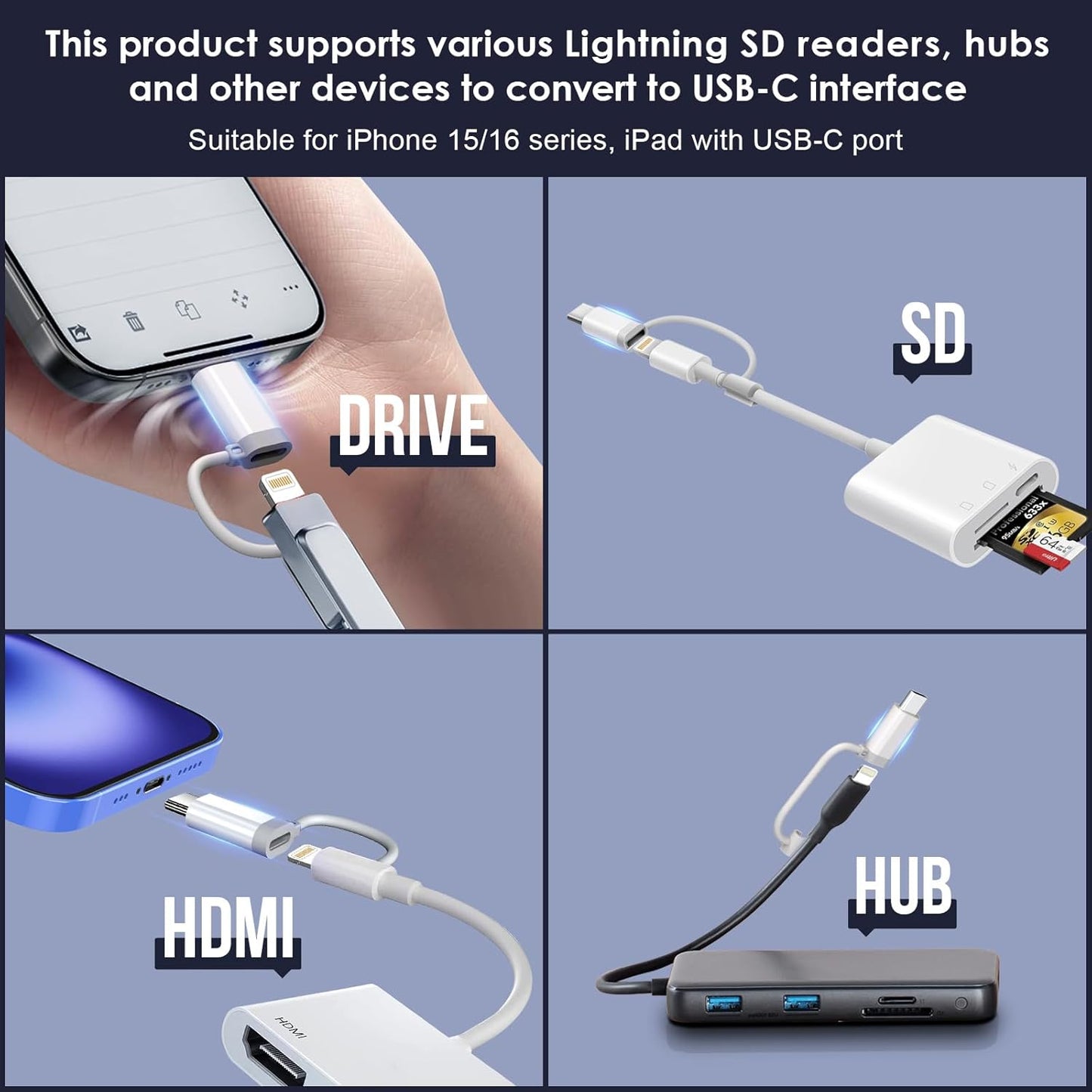 2 Pack Lightning to USB-C Data Conversion Adapter, Multiple Lightning Interface Device Conversions Suitable for iPhone 15 16 (Read Details Before Purchasing) SD Card Reader, Camera Converter
