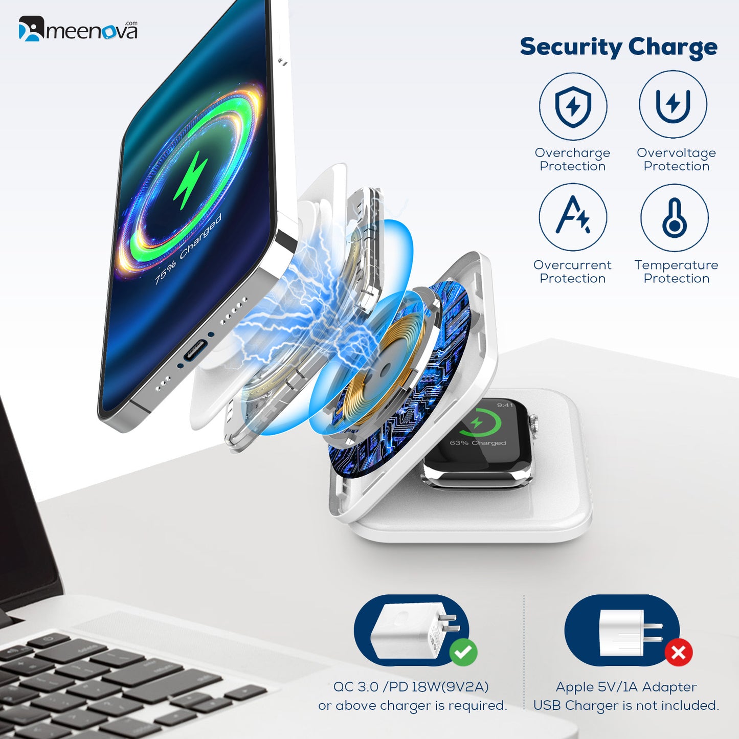 Travel Charger for MagSafe Charger Stand, iPhone and Apple Watch, AirPods, 15W Wireless Charging Pad