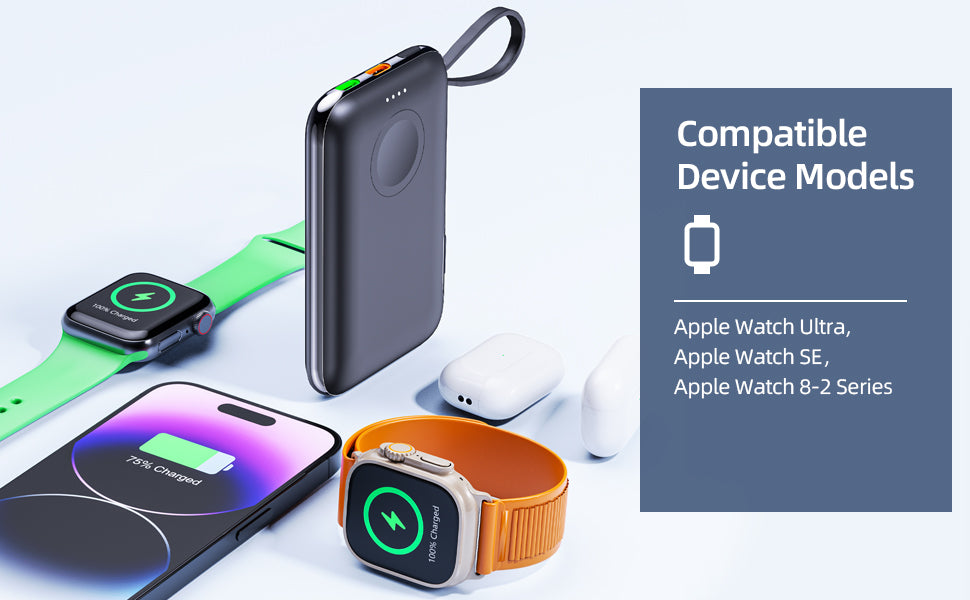 Meenova 2-in-1 Portable Watch Charger For Apple Watch, Samsung Galaxy Watch Power Bank 5000mAh, Mobile Phone External Battery Mini Auxiliary Battery Powerbank