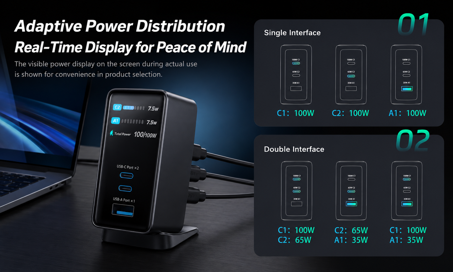 Meenova 100W GaN Charger with Smart Display, 3-Port PD Fast Charger with AI Temperature Control, USB-C x2 & USB-A, Real-Time Power Monitoring for Laptop, Phone & Tablet