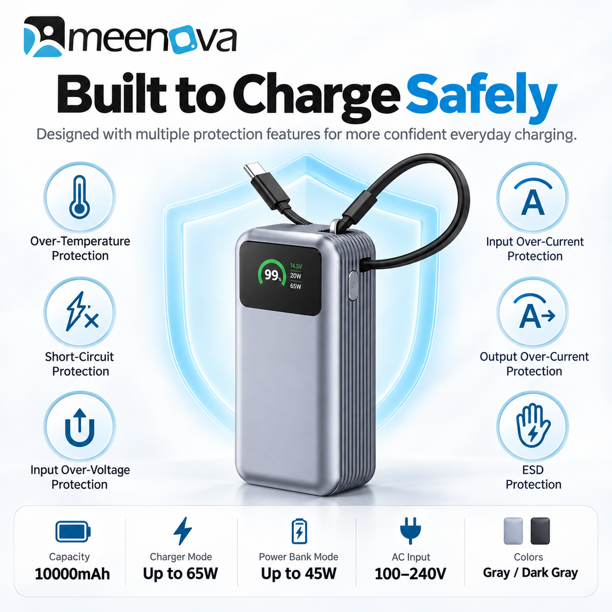 Meenova 65W Charger Power Bank 10000mAh, 2-in-1 USB-C Portable Battery Pack with Built-in Cable, Foldable Wall Plug & Smart Display