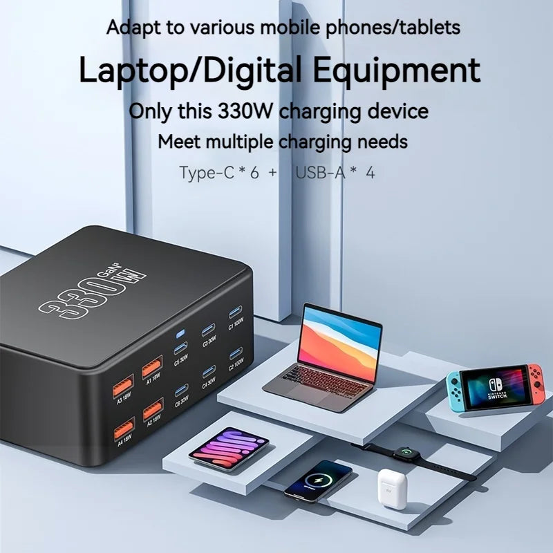 330W GAN Universal USB PD100W Laptop Charger 10 Port USB QC3.0 Fast Charging Station For Iphone Ipad Samsung Tablet Macbook Pro