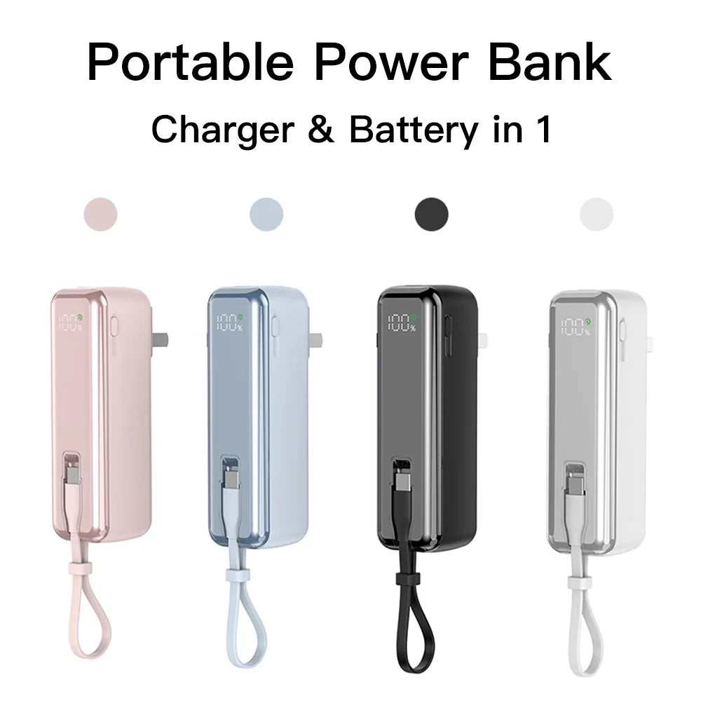 5000mAh Mini Power Bank with USB C Cable Plug Charger, 20W Fast Charging, Mini Portable Battery For iPhone 16 15, iPad Pro Air, Samsung S24 Ultra, Xiaomi