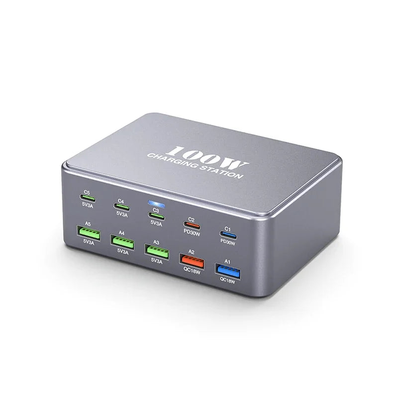 100W Universal Multi USB Type C Charger 10 Port USB QC3.0 PD Charging Station For Ipad Iphone 16 15 14 13 Pro Max Samsung Tablet