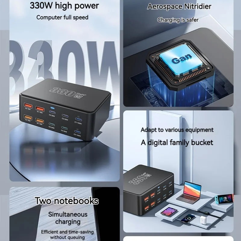 330W GAN Universal USB PD100W Laptop Charger 10 Port USB QC3.0 Fast Charging Station For Iphone Ipad Samsung Tablet Macbook Pro