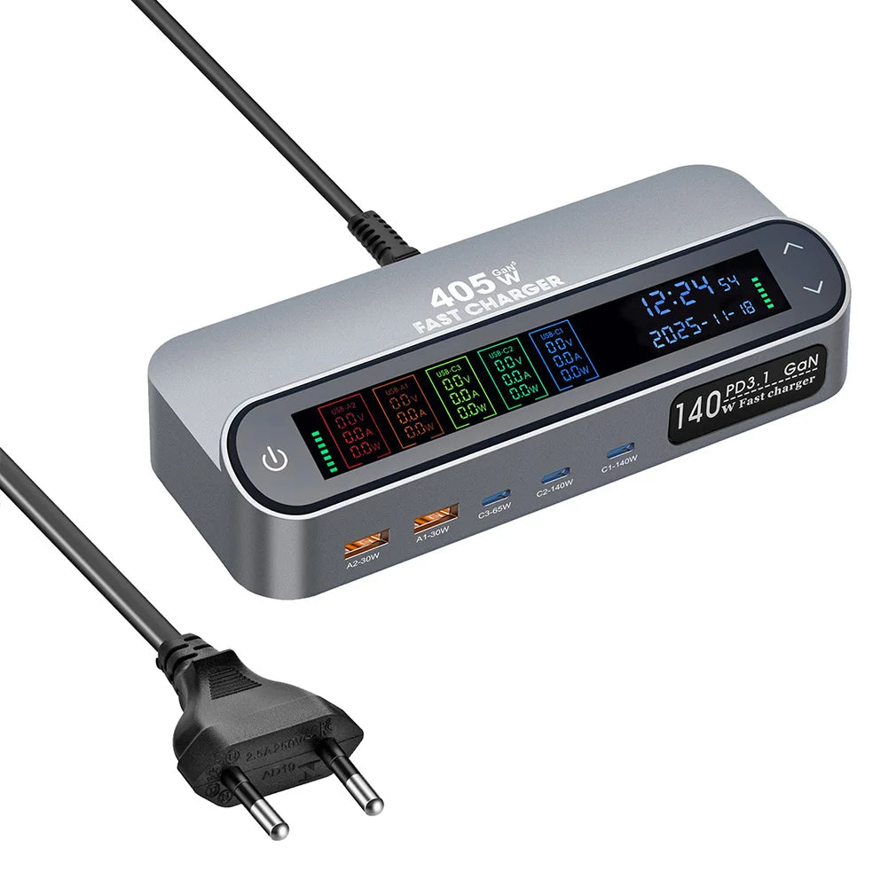 Meenova 470W/405W GaN Desktop Charger, Multi-Port Fast Charging Station with LCD Display, 140W USB-C Port, Comes with 65W Retractable Charging Cable