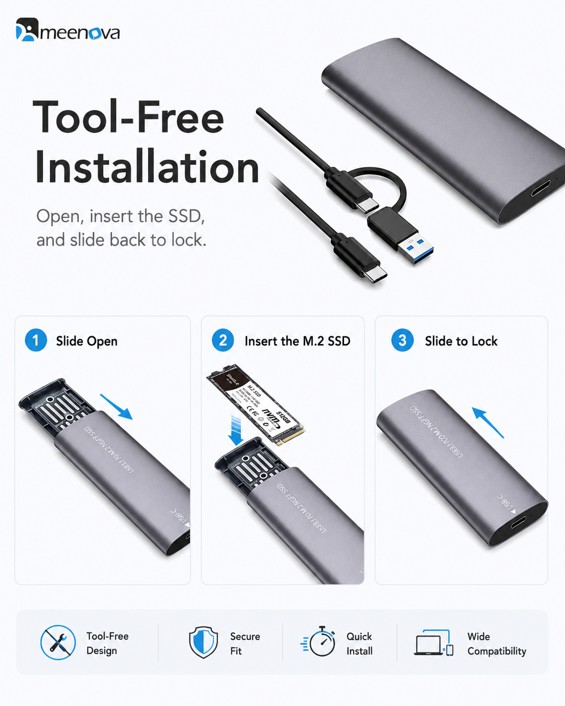 Meenova Tool-Free USB-C M.2 SSD Enclosure – Aluminum External Case for NGFF SATA or NVMe SSD