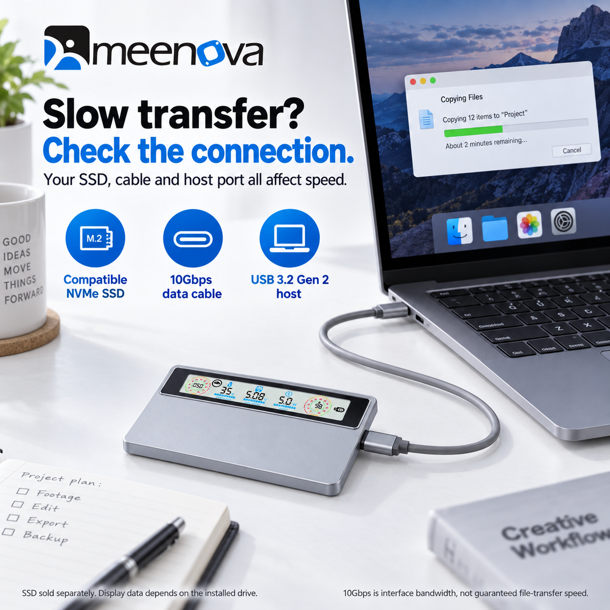 Meenova Smart Display M.2 NVMe SSD Enclosure, USB 3.2 Gen 2 10Gbps, Real-Time Speed, Health & Temperature Monitor, CNC Aluminum, 2230/2242/2260/2280