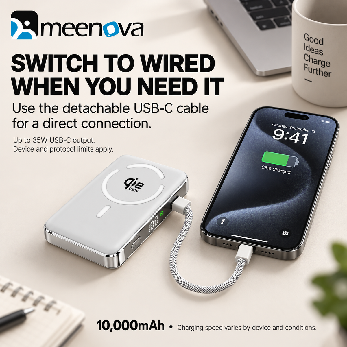 Meenova Qi2.2 25W Magnetic Power Bank 10000mAh with 35W PD Fast Charging, Detachable USB-C Cable & Kickstand