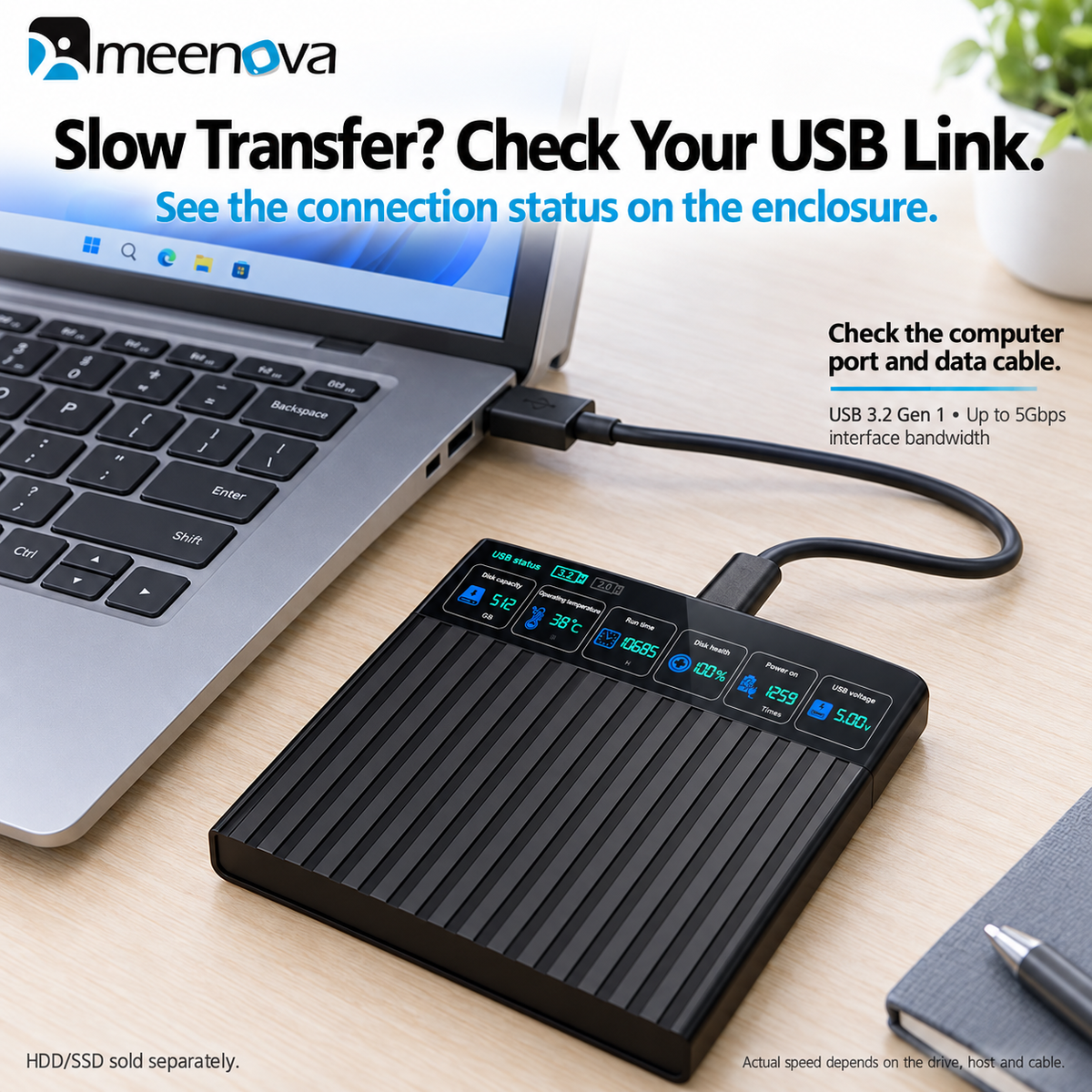 Meenova 2.5-Inch Smart SATA HDD/SSD Enclosure with Digital Drive Monitor, USB 3.2 Gen 1, 5Gbps, Up to 4TB