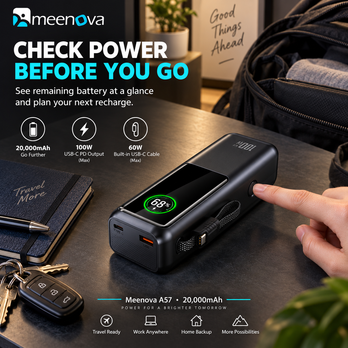 Meenova 20,000mAh 100W Travel Power Bank – Flight, Train & Subway Friendly, Compatible with iPhone 18 Pro Max, iPhone Duo, Apple & Samsung, Built-In Cable, Battery Display, PD/QC/PPS/SCP/FCP, USB-C & USB-A Charging for MacBook and iPad
