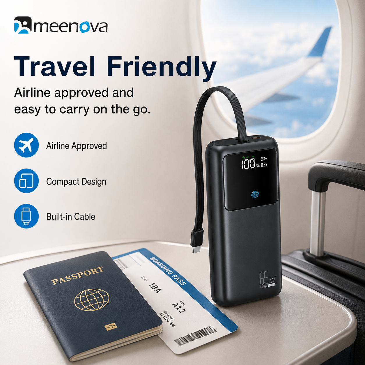 Meenova 65W 24000mAh Laptop Power Bank with Built-in USB-C Cable, PD Fast Charging, 2 USB-A Ports & Smart Digital Display