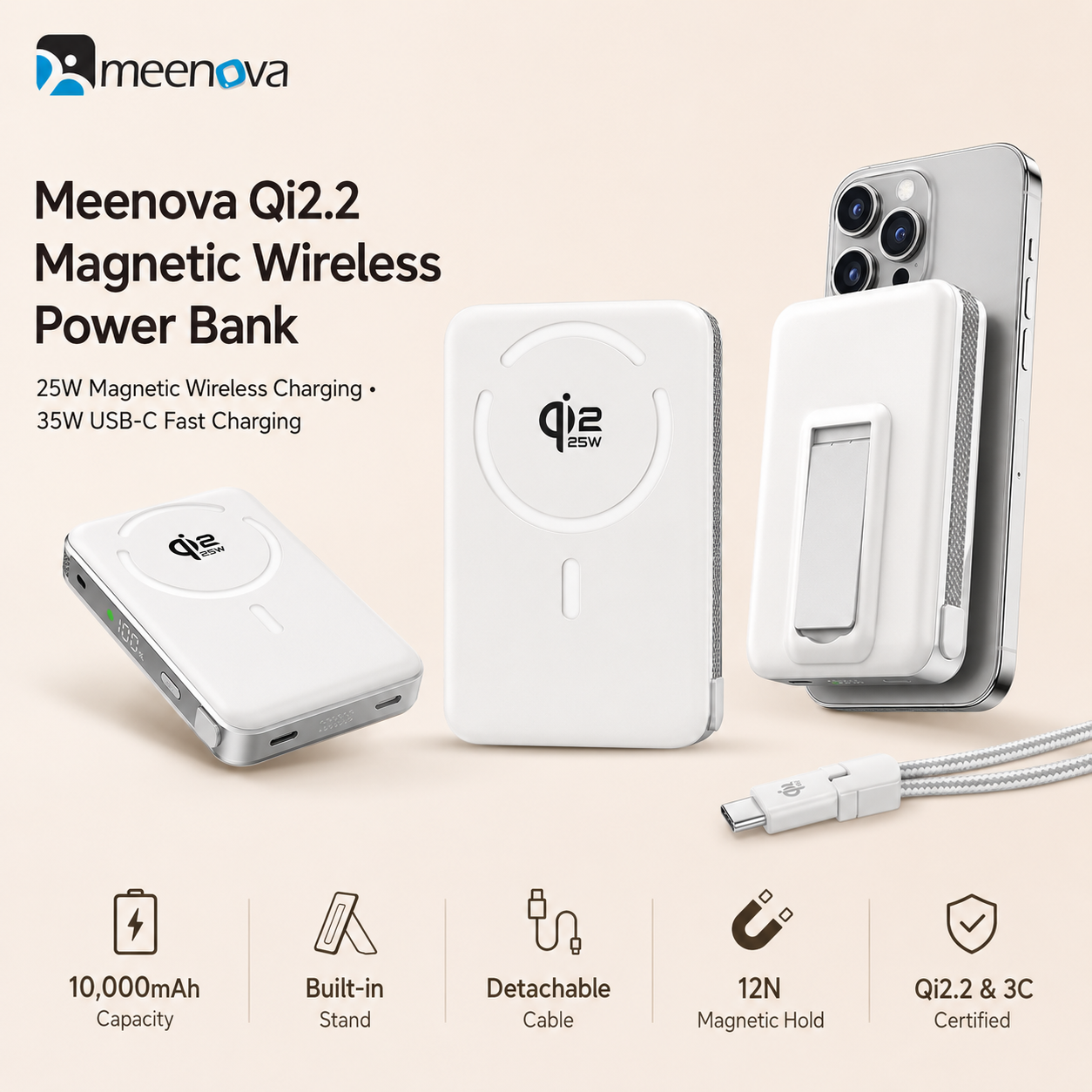 Meenova Qi2.2 25W Magnetic Power Bank 10000mAh with 35W PD Fast Charging, Detachable USB-C Cable & Kickstand