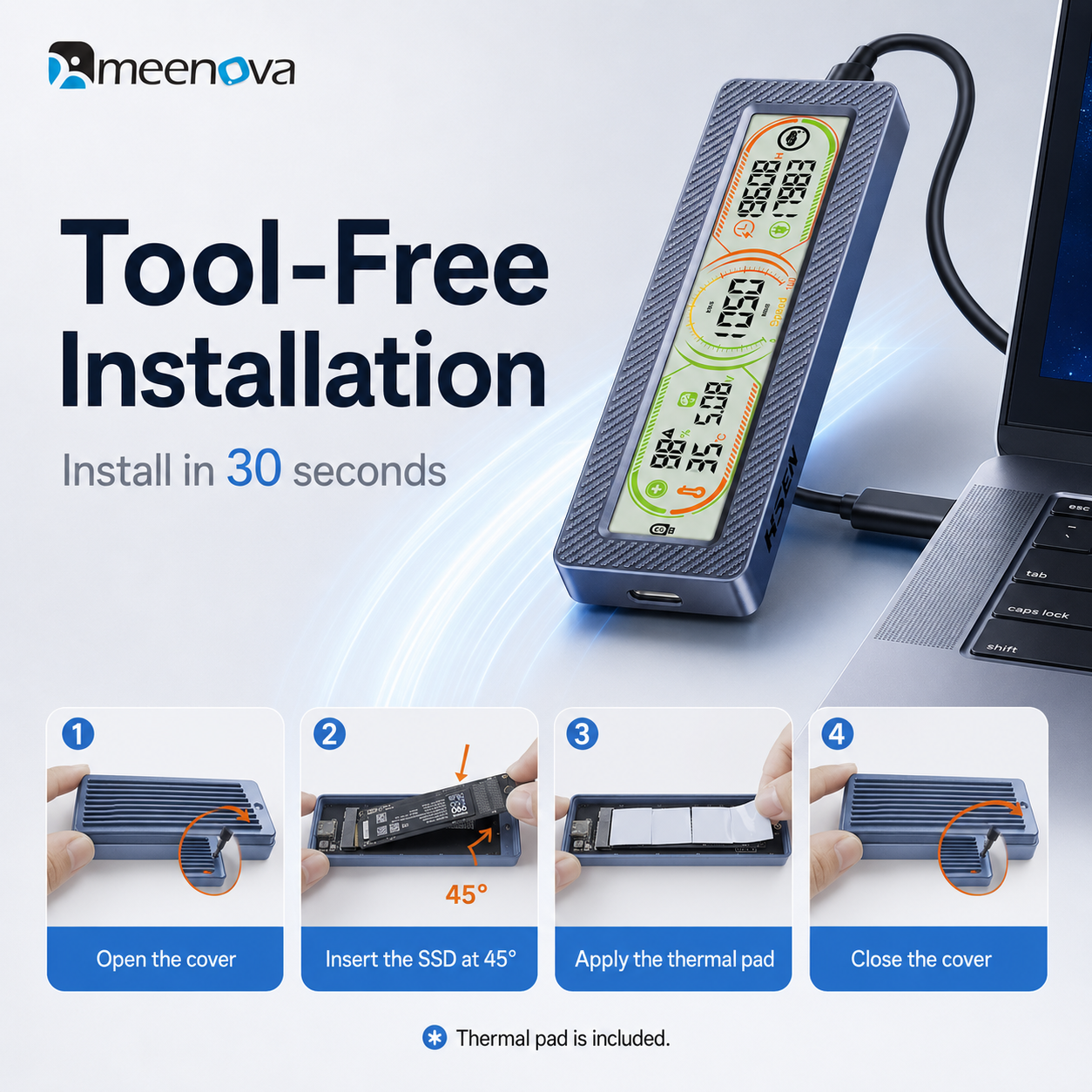 Meenova Smart Display M.2 SSD Enclosure – 10Gbps USB 3.2 Gen 2, Real-Time Health, Speed, Temperature & Voltage Monitor, NVMe / NVMe SATA