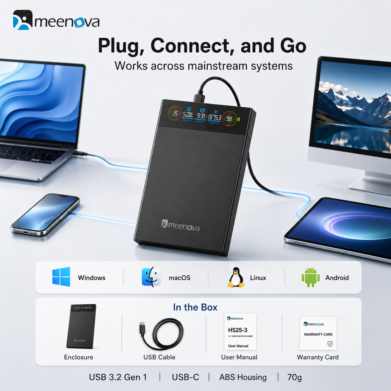 Meenova 2.5" Smart Display SATA HDD/SSD Enclosure, USB 3.2 Gen 1 5Gbps External Hard Drive Case with Real-Time Health, Temperature, Voltage & Capacity Monitoring, for 7mm/9.5mm SATA Drives