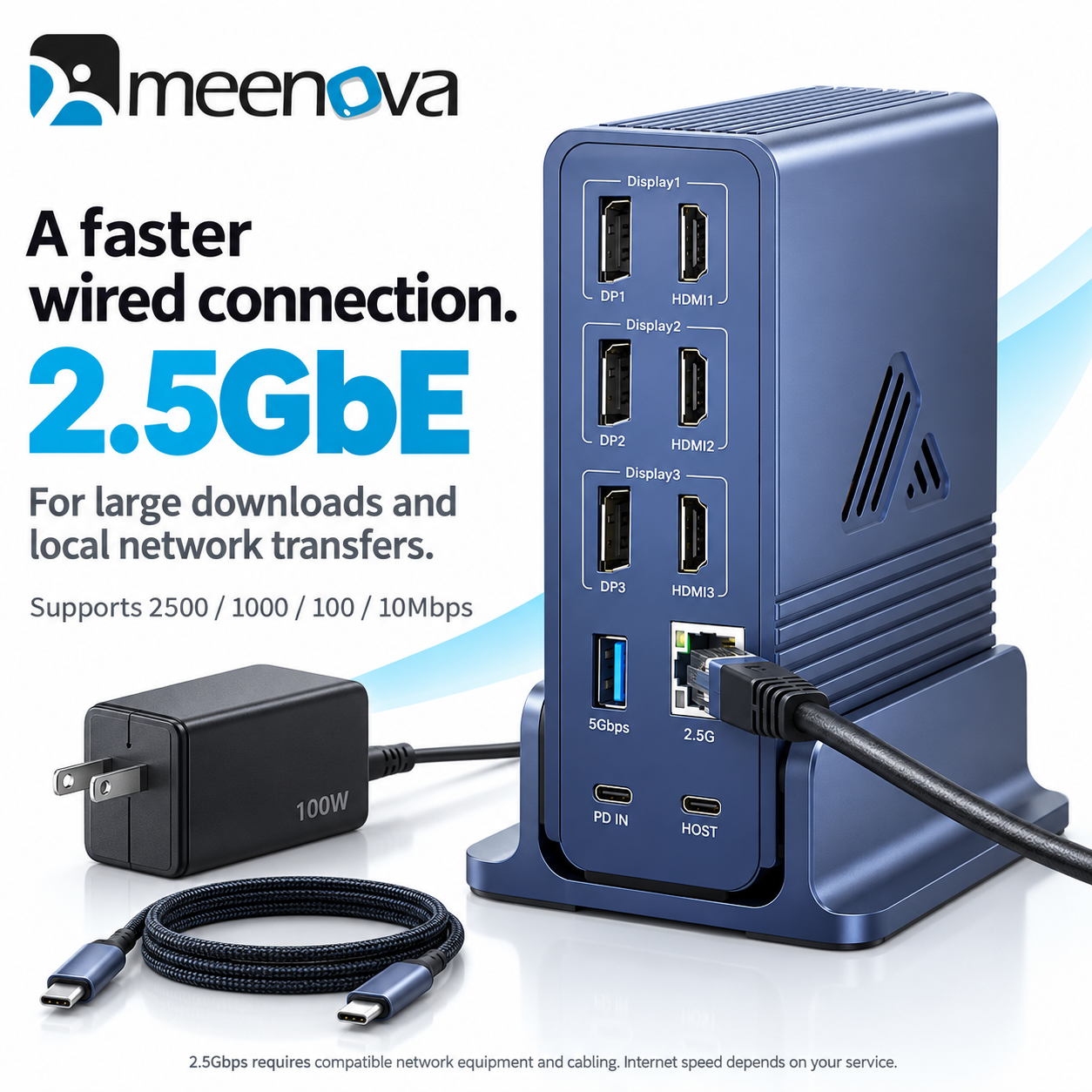 Meenova 18-in-1 DisplayLink USB-C Docking Station, 2.5GbE & 10Gbps USB, with 100W US-Plug Adapter