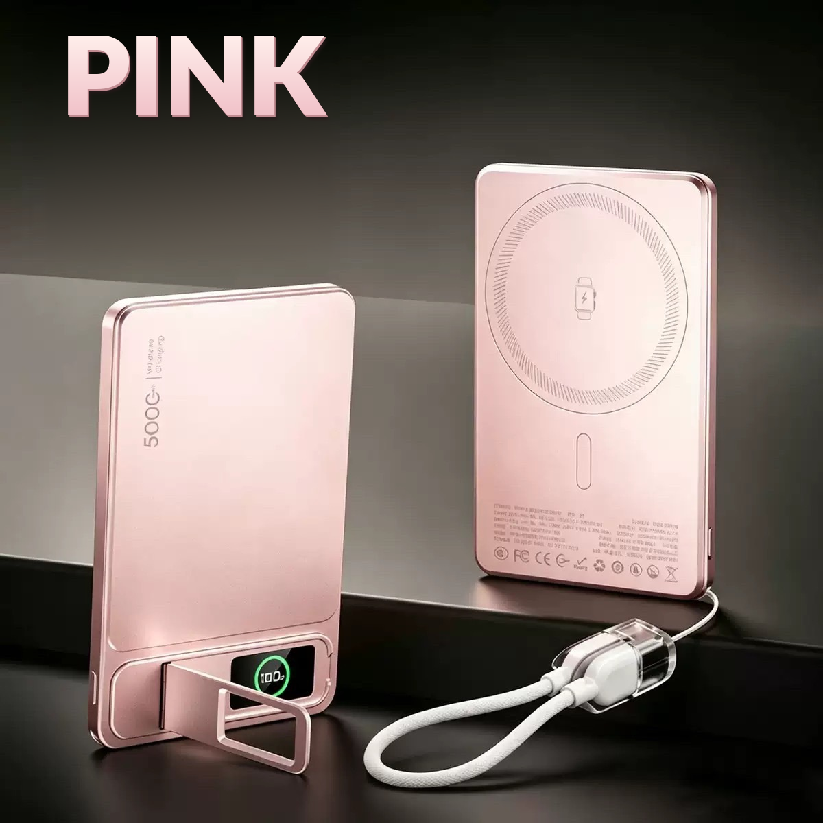 Meenova Ultra-Thin Magnetic Compatible MagSafe Power Bank with Stand – 5000mAh/10000mAh, 15W Wireless & 20W USB-C Fast Charging, CCC/FCC/CE Certification – Orange, Pink, Grey, Silver