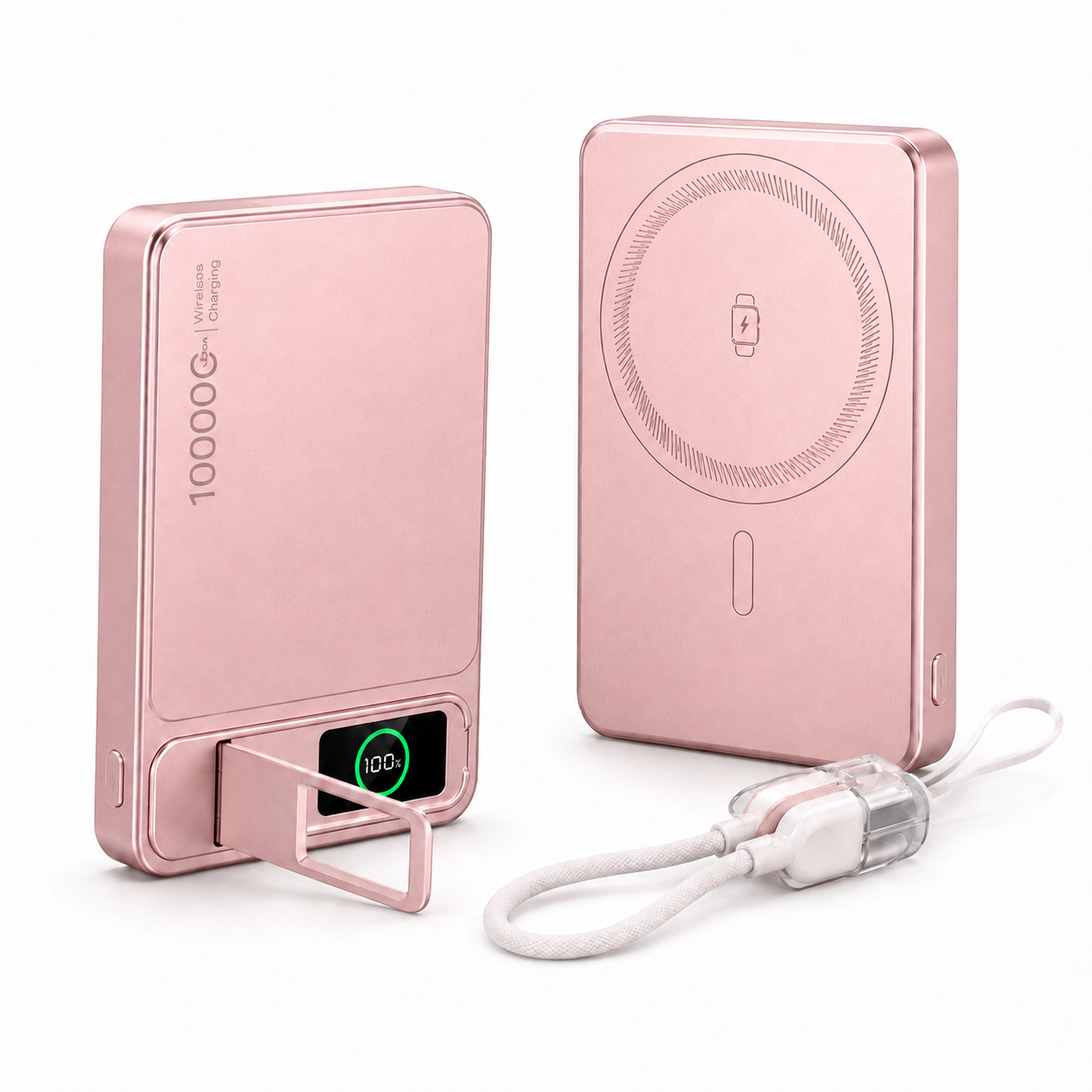 Ultra-Thin Magnetic MagSafe Power Bank – 5000mAh 9.9mm / 10000mAh 14mm, 15W Wireless Charging, 20W USB-C, Built-In Cable, Stand & TFT Display – Orange, Pink, Grey, Silver