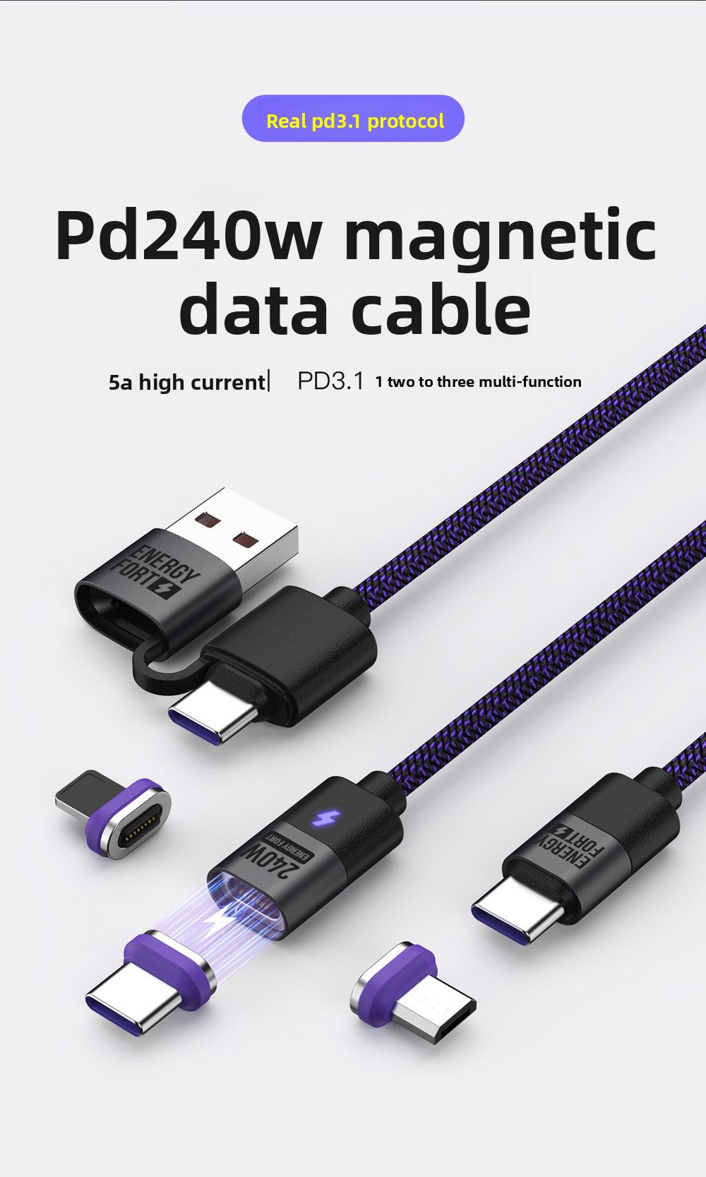 Meenova Magnetic USB C to USB C Charger Cable 240W PD3.1 3 in 1 Fast Charging (1.6ft/3.9ft/5.9ft) ,USB to Type-C/USB C to USB C/USB C to Lightning/USB to Lightning/USB C to Micro/USB to Micro for Android/iOS.