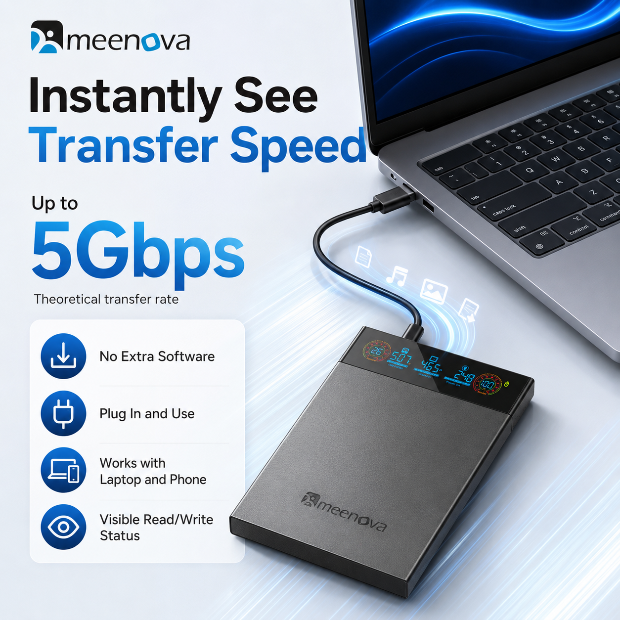 Meenova 2.5" Smart Display SATA HDD/SSD Enclosure, USB 3.2 Gen 1 5Gbps External Hard Drive Case with Real-Time Health, Temperature, Voltage & Capacity Monitoring, for 7mm/9.5mm SATA Drives