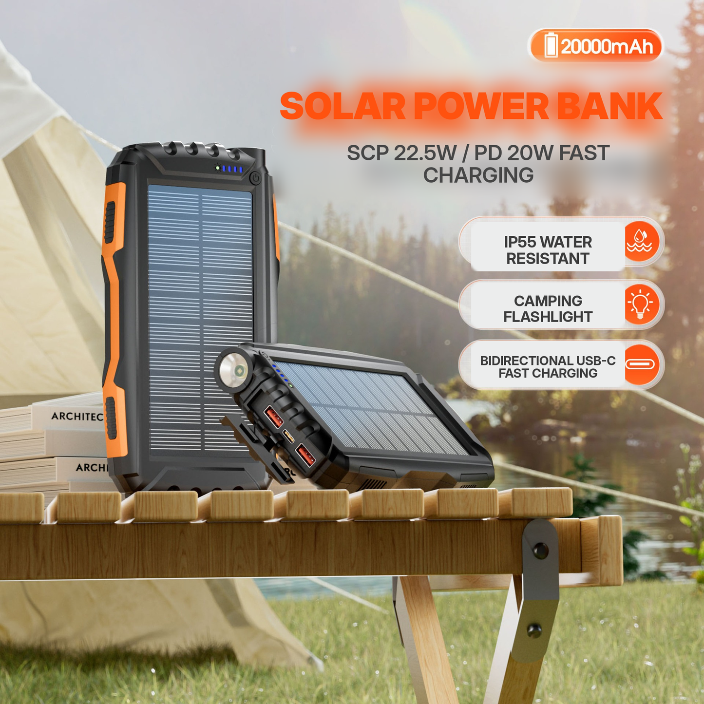 Meenova 20,000mAh Solar Power Bank with 22.5W SCP, 20W USB-C PD, IP55 Water Resistance, Flashlight & 3-Device Charging
