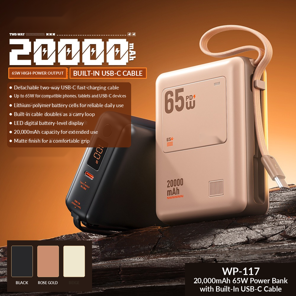 Meenova WP-117 20,000mAh 65W USB-C Power Bank with Detachable Cable, LED Display & 40W Fast Recharging