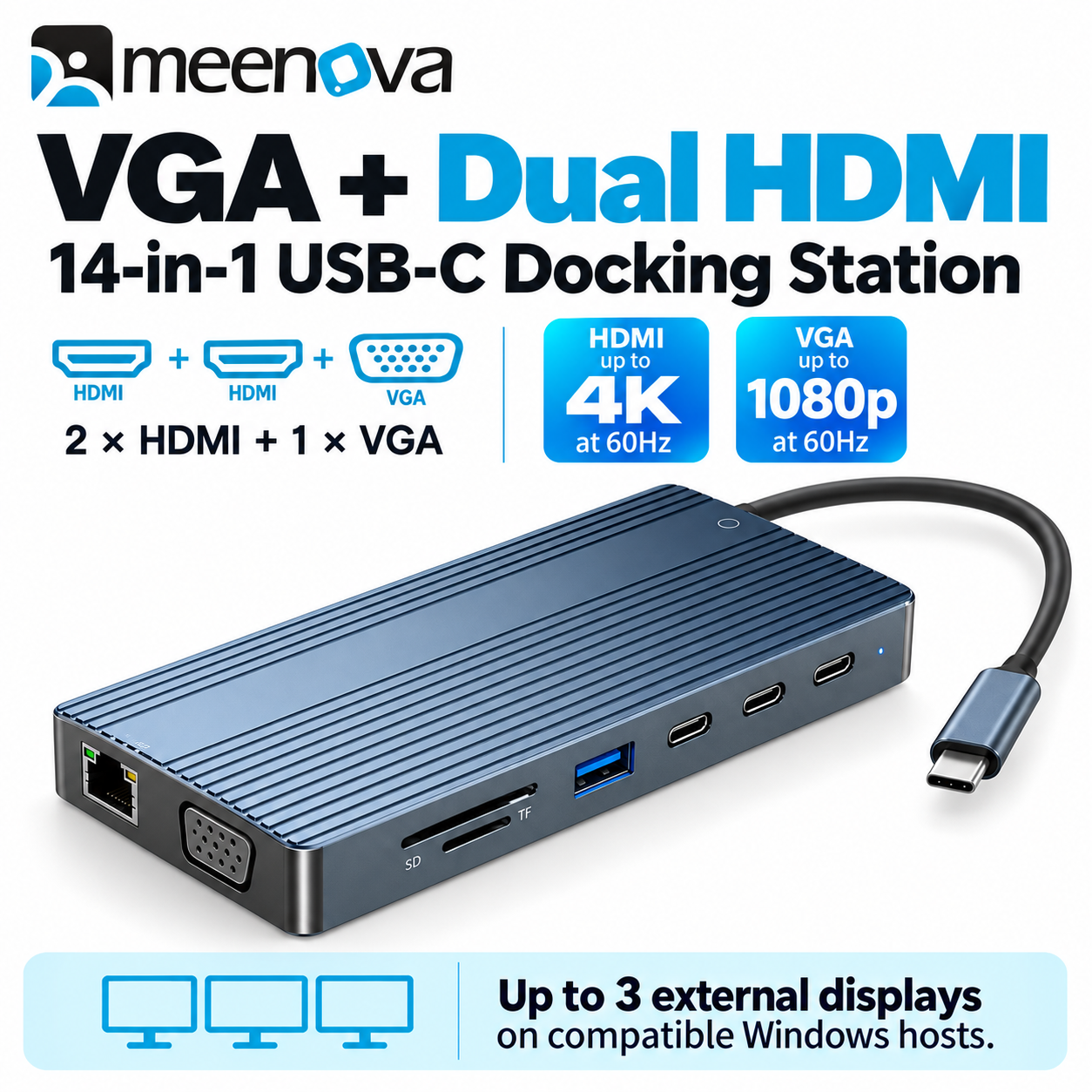 Meenova 14-in-1 USB-C Docking Station with Dual HDMI, 10Gbps USB & Gigabit Ethernet