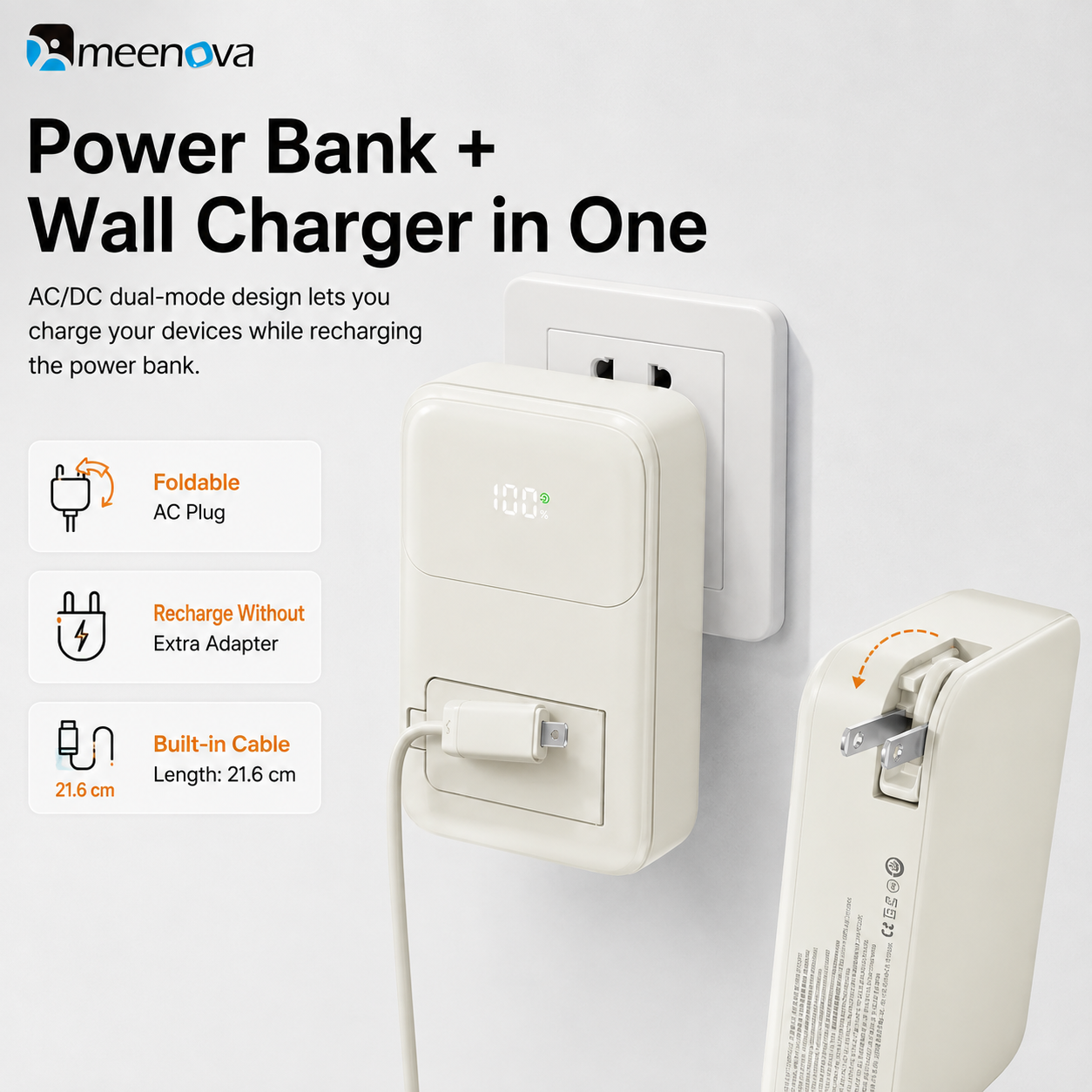 Meenova 10000mAh 3-in-1 Magnetic Wireless Power Bank with AC Wall Charger, Built-in USB-C & Lightning Cables, 22.5W Fast Charging, 15W Magnetic Charging & Kickstand