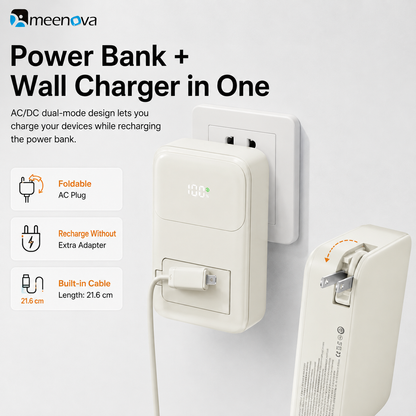 Meenova 10000mAh 3-in-1 Magnetic Wireless Power Bank with AC Wall Charger, Built-in USB-C & Lightning Cables, 22.5W Fast Charging, 15W Magnetic Charging & Kickstand