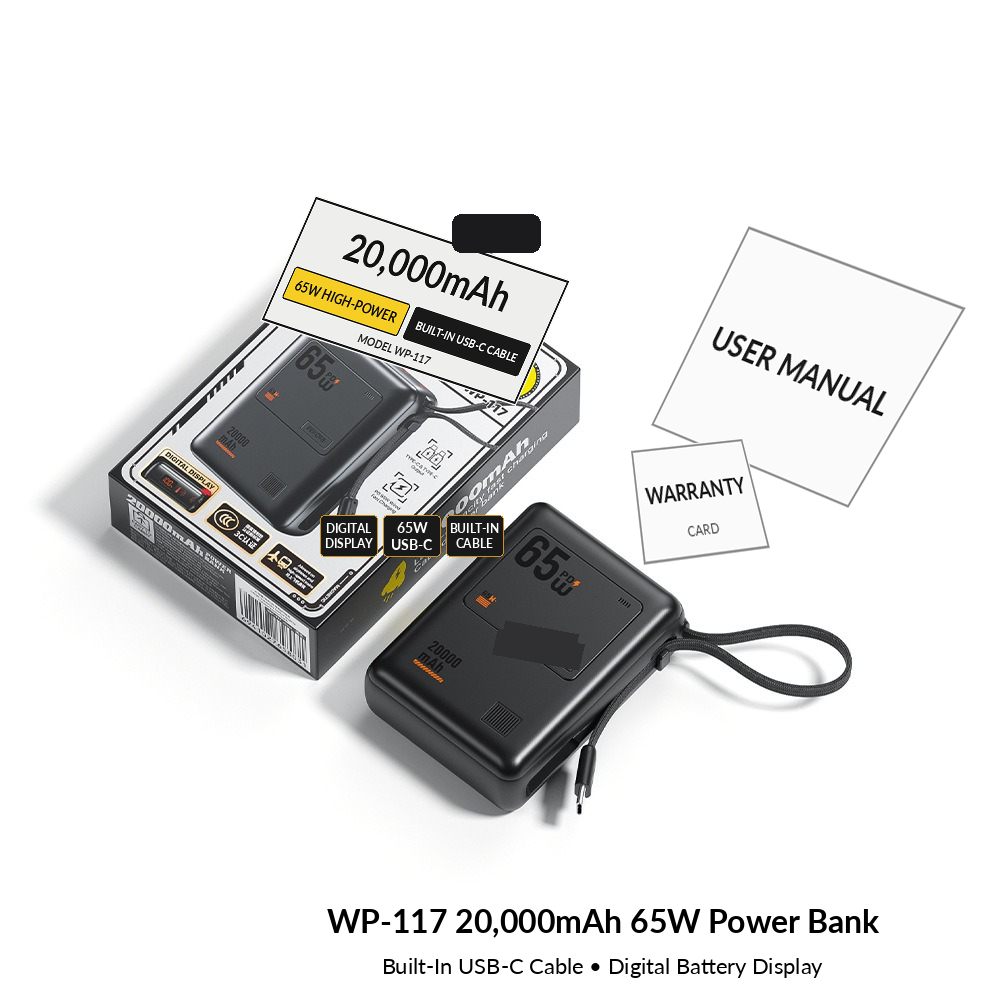 Meenova WP-117 20,000mAh 65W USB-C Power Bank with Detachable Cable, LED Display & 40W Fast Recharging