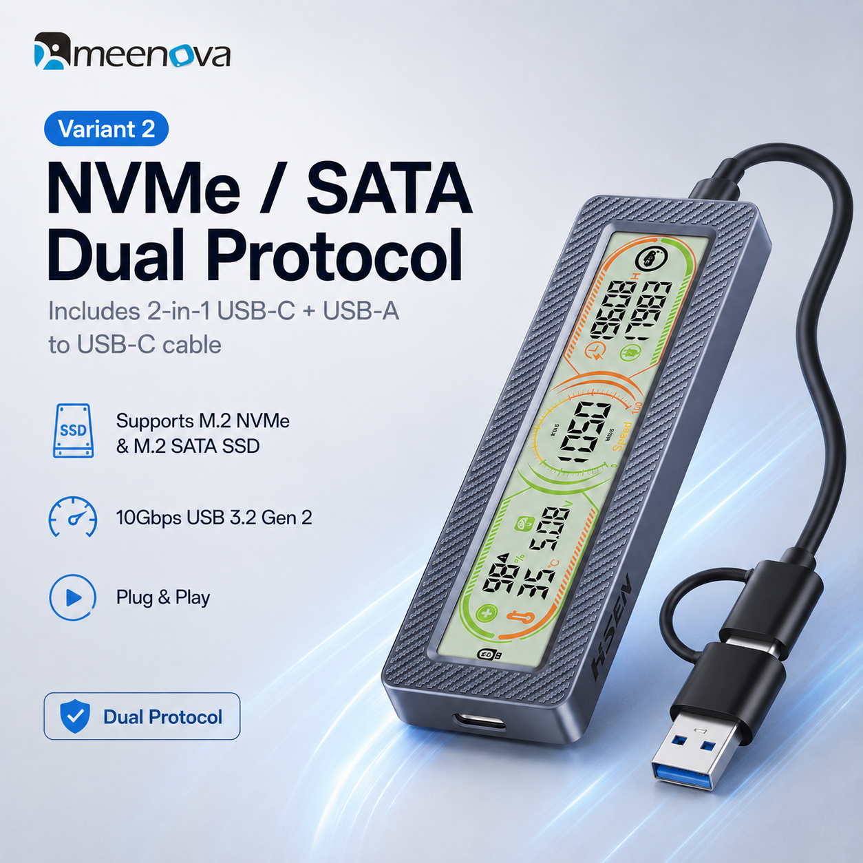 Meenova Smart Display M.2 SSD Enclosure – 10Gbps USB 3.2 Gen 2, Real-Time Health, Speed, Temperature & Voltage Monitor, NVMe / NVMe SATA