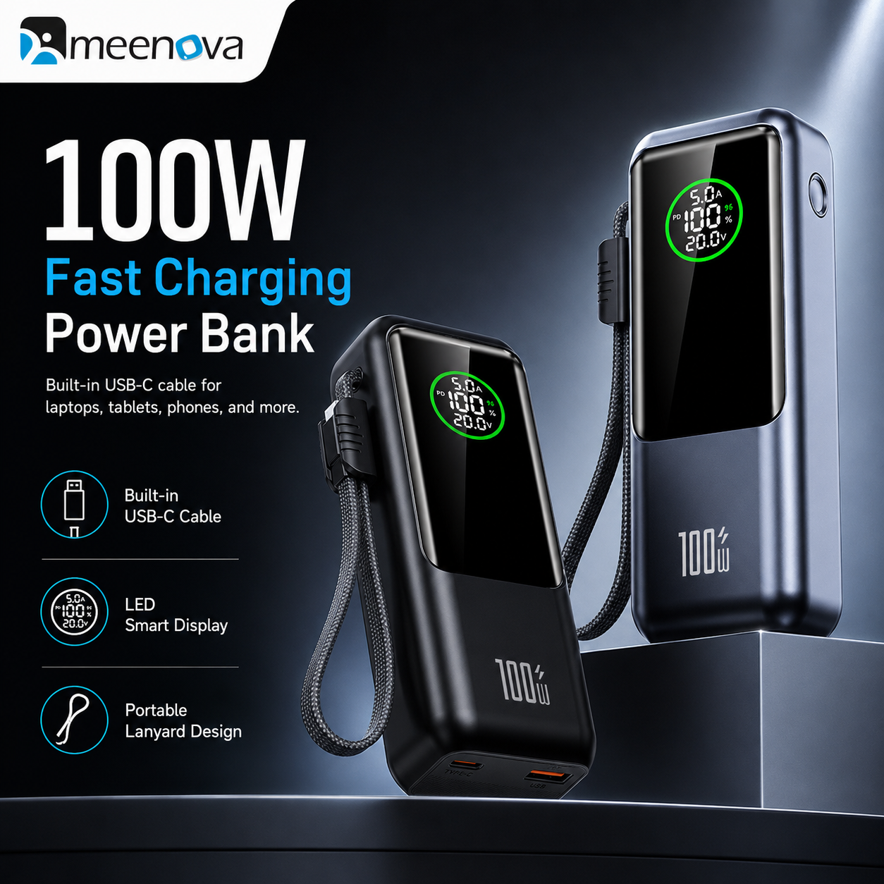 Meenova A57 100W USB-C Power Bank with Built-in Cable & LED Display 2,0000mAh – Multi-Port Fast Charger for Laptop, Tablet & Phone