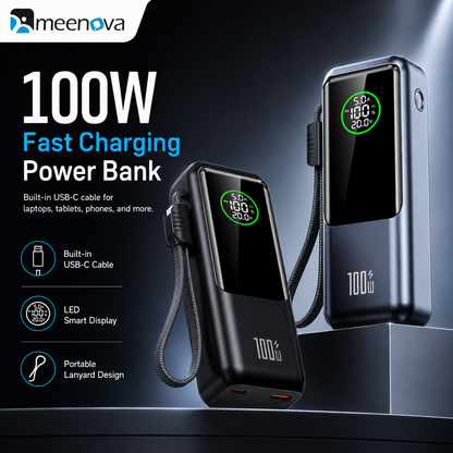 Meenova 20,000mAh 100W Travel Power Bank – Flight, Train & Subway Friendly, Compatible with iPhone 18 Pro Max, iPhone Duo, Apple & Samsung, Built-In Cable, Battery Display, PD/QC/PPS/SCP/FCP, USB-C & USB-A Charging for MacBook and iPad