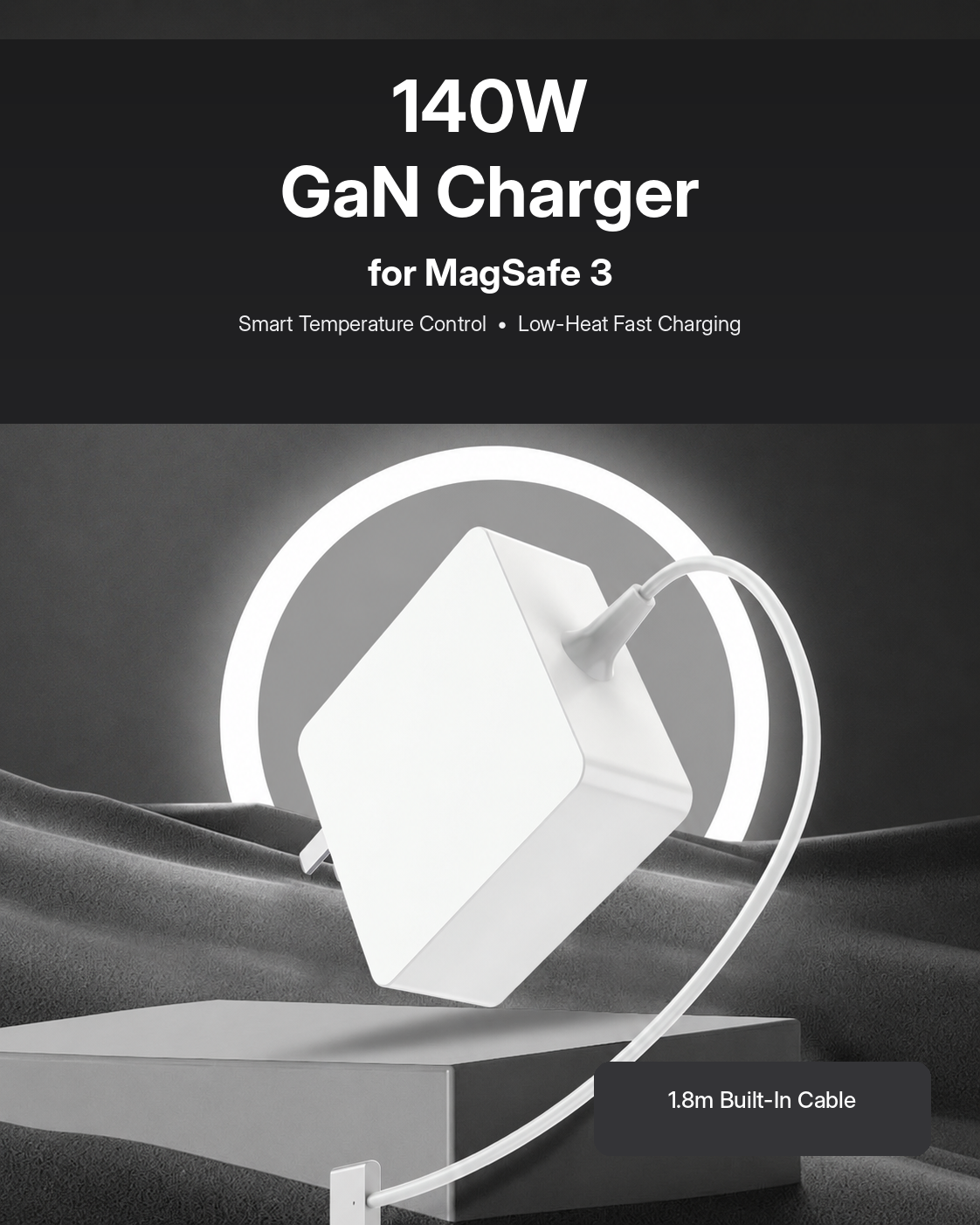 Meenova 140W GaN Charger with Built-In MagSafe 3-Compatible Cable, PD 3.1 Fast Charger for MacBook Air & MacBook Pro